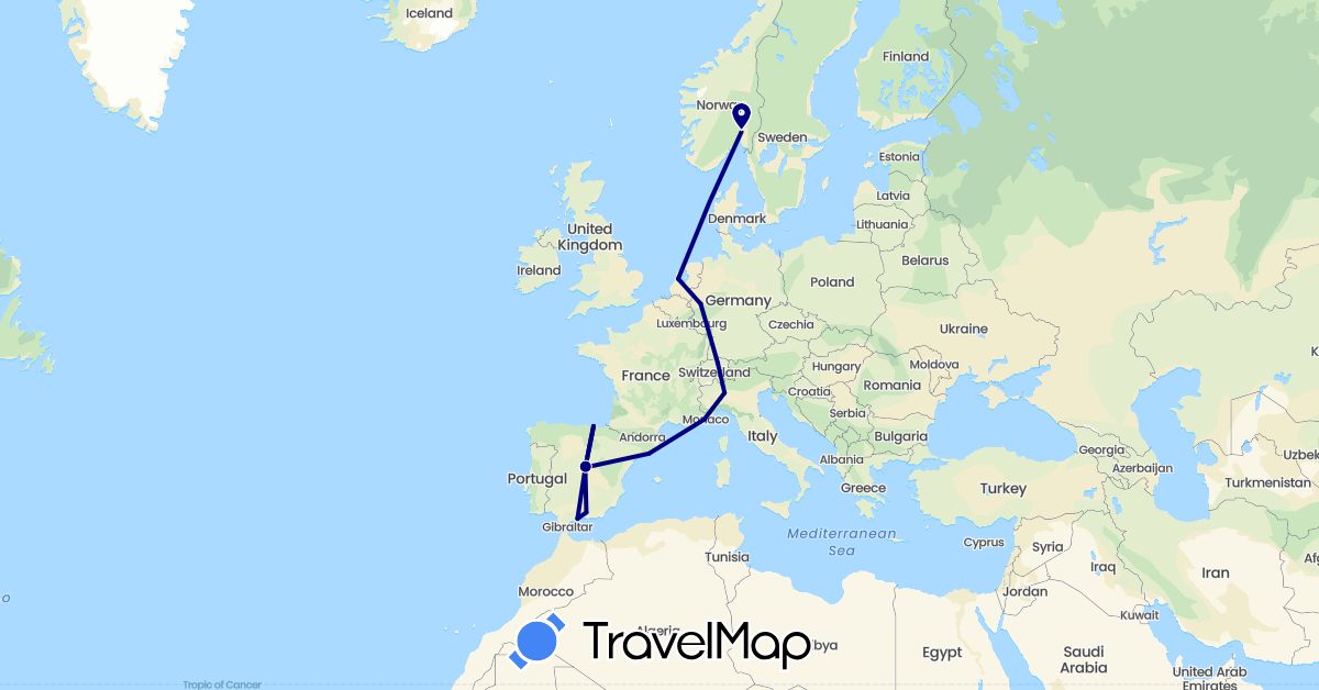 TravelMap itinerary: driving in Switzerland, Germany, Spain, France, Italy, Netherlands, Norway (Europe)